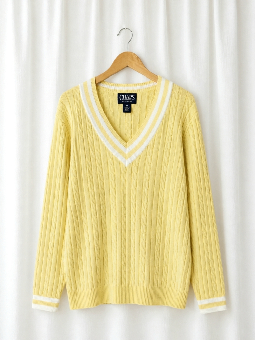 Chaps Classics Vintage Buttery Yellow Varsity Stripe Trim Cable Knit Sweater